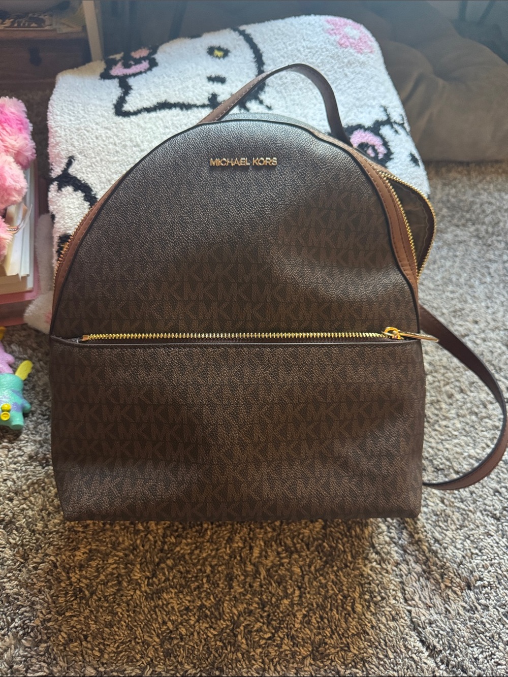 Michael Kors Brown Logo-Print Backpack with Gold Hardware